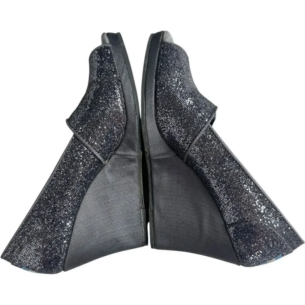 Toms Pewter Embellished Glitters Peep Toe Wedge Pumps Silver Women's Size 6.5